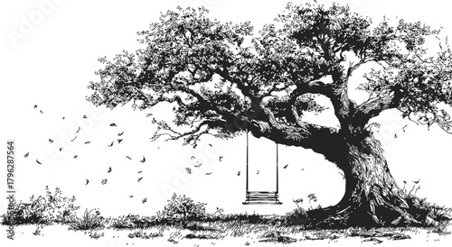 Tree with swing sketch, hand drawn style, leaves blowing in wind — stock vector