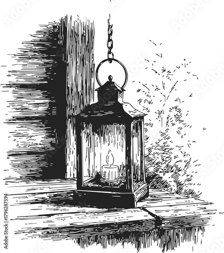 Lantern sketch hand drawn hanging on wooden wall with candle flame — stock vector