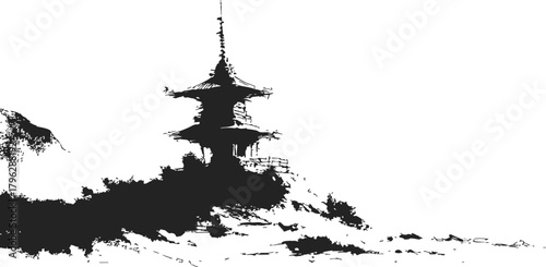 Pagoda silhouette sketch, hand drawn Japanese temple on hillside with minimal landscape — stock vector