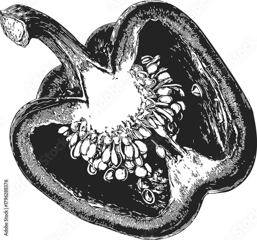 Bell pepper sketch hand drawn cross section with seeds and stem — stock vector