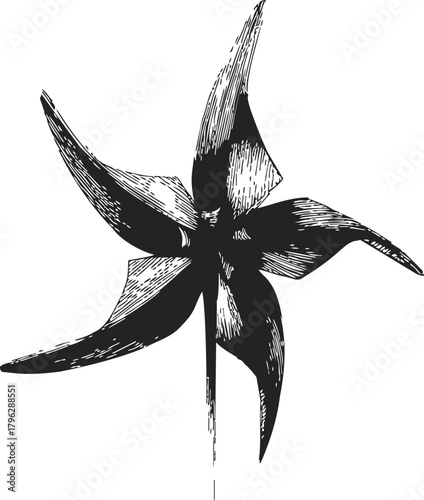 Pinwheel hand drawn sketch, black line art toy with curved blades — stock vector