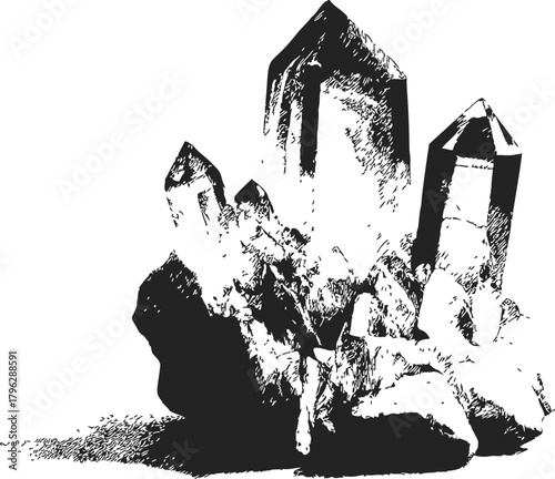 Quartz crystal cluster sketch, hand drawn mineral group with detailed facets — stock vector