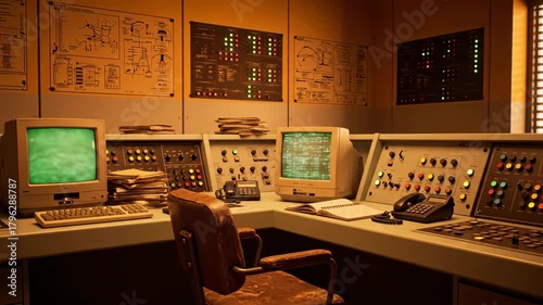 A vintage computer room featuring green screen monitors, control panels, and an old leather chair. Soft lighting accentuates the obsolete technology and classic interior.