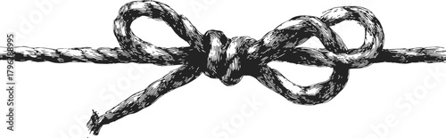 Rope bow knot sketch, hand drawn style, detailed black and white line art — stock vector