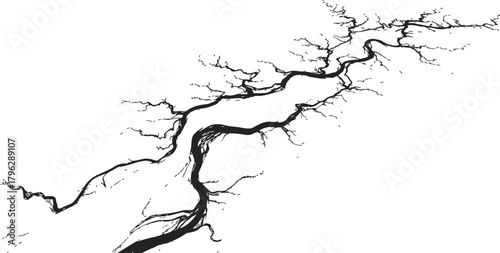 River delta sketch, hand drawn branching waterways and distributaries — stock vector