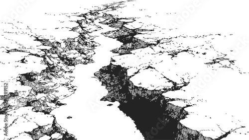 Crack in the ground sketch, hand drawn volcanic fissure landscape with deep rocky crevice — stock vector