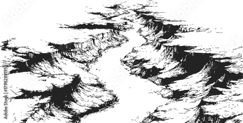 Canyon landscape, hand drawn sketch with dramatic rock formations and deep valleys — stock vector