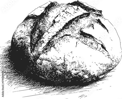 Rustic bread sketch, hand drawn round loaf with crusty texture — stock vector