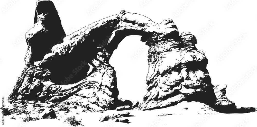 Fototapeta premium Natural arch sketch, hand drawn rock formation with eroded sandstone and desert landscape — stock vector