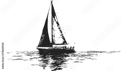 Sailboat sketch hand drawn style with reflection on calm water — stock vector