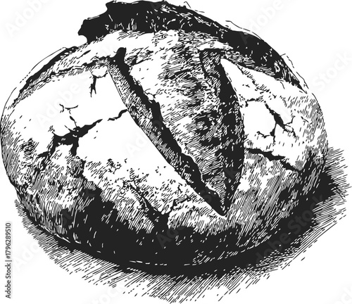 Round bread loaf sketch, hand drawn rustic artisan style with cracked crust — stock vector