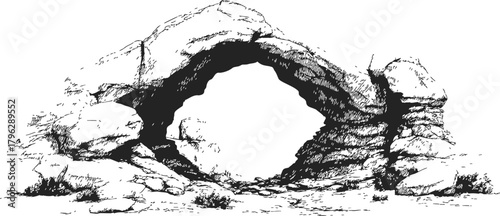 Natural stone arch sketch, hand drawn rocky landscape with eroded arch formation — stock vector