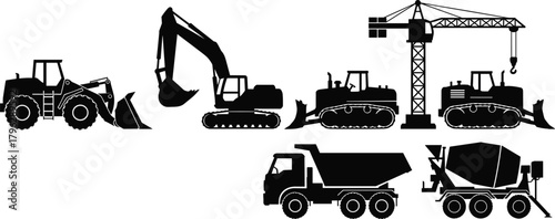 Construction vehicles silhouette set including excavator, bulldozer, crane, dump truck, cement mixer and loader heavy machinery illustration