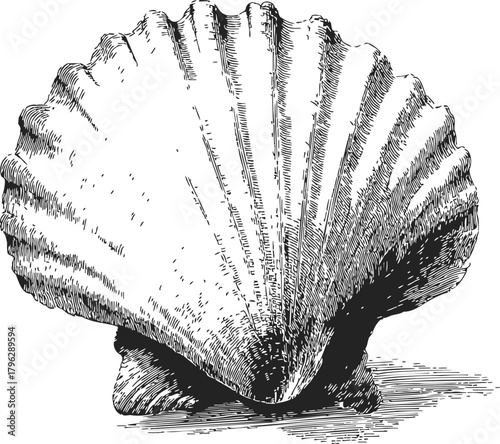 Scallop shell sketch, hand drawn detailed fan-shaped seashell with textured lines — stock vector