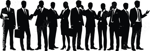 Business professionals silhouettes standing in corporate poses, teamwork communication, office collaboration and leadership concept illustration for business presentation and branding design