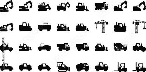 Construction vehicles silhouettes set including excavators, dump trucks, cranes, forklifts, bulldozers and loaders, heavy machinery black icon collection