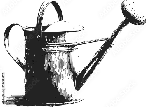 Watering can, hand drawn sketch, vintage garden tool with long spout and rose head — stock vector