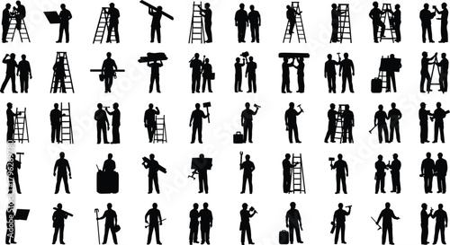 Construction worker silhouettes collection with ladders, tools, teamwork poses, builders working with equipment, contractor illustration set for industry design