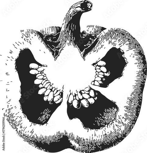 Bell pepper cross section sketch, hand drawn style, detailed seeds and stem — stock vector