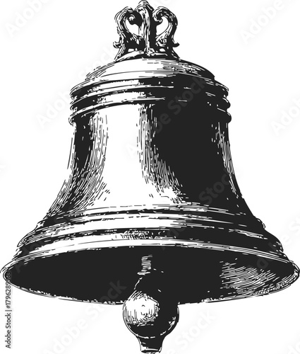 Bell hand drawn sketch, vintage ornamental design with decorative finial and clapper — stock vector