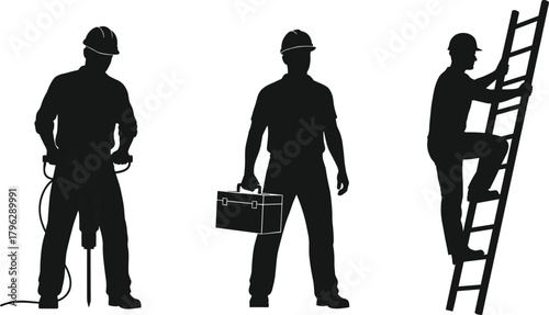 Construction worker silhouettes using jackhammer, carrying toolbox, and climbing ladder, industrial labor workforce vector illustration for safety and building projects