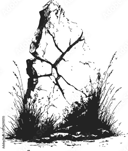 Cracked stone sketch, hand drawn style with grass and plants at base — stock vector