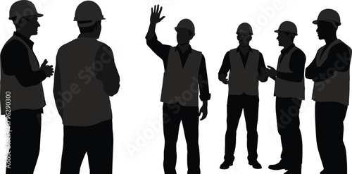 Construction workers meeting silhouette set with safety helmets, engineers discussing project, teamwork communication, site supervisors planning work