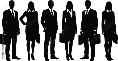 Business team silhouettes standing confidently in formal office attire with briefcases, representing leadership, teamwork, professionalism, corporate workforce, and modern business culture