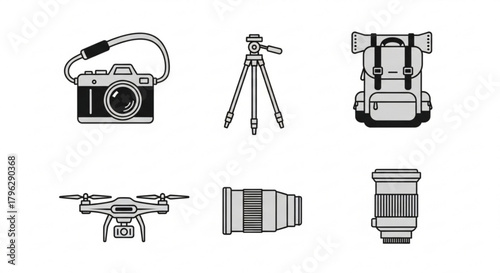 A collection of photography equipment icons, including a camera, tripod, backpack, drone, and lenses, , representing travel and adventure