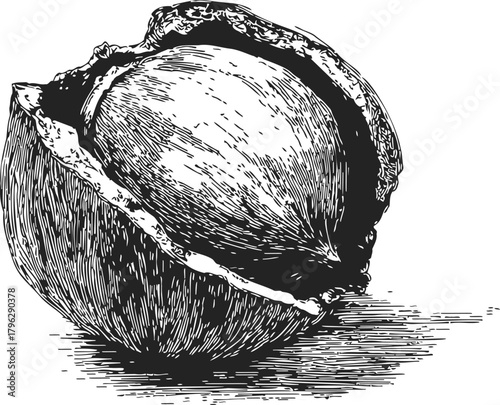 Walnut hand drawn sketch detailed half shell with nut isolated — stock vector