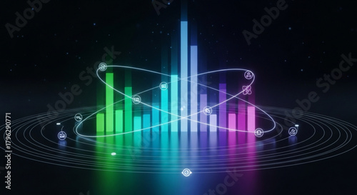 Abstract 3d rendering of colorful bar graph with atom orbit, representing data analysis, science, technology, and financial growth on dark background