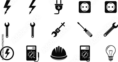 Electrician tool icons set with lightning symbols, plug, socket, wrenches, screwdrivers, multimeters, hard hat and light bulb for electrical work