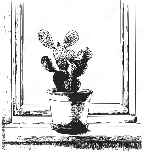 Cactus in pot sketch, hand drawn style, on windowsill with window frame — stock vector