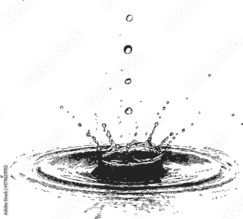 Water splash sketch hand drawn style with droplets and ripples — stock vector