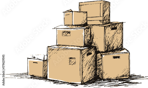 Cardboard boxes sketch hand drawn in stacked arrangement — stock vector