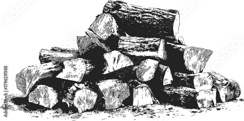 Firewood logs hand drawn sketch pile, rustic stacked wood scene — stock vector