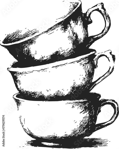 Stacked tea cups sketch hand drawn illustration with vintage style details — stock vector
