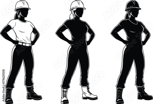 Female construction worker silhouette set wearing hard hat and safety boots, standing confidently in uniform, industrial labor illustration for engineering design