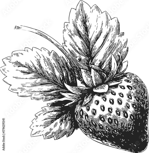 Strawberry sketch hand drawn with detailed leaves and realistic shading — stock vector