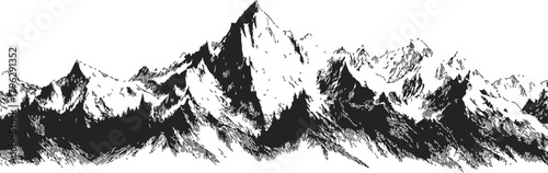 Mountain range sketch, hand drawn line art with rugged snow peaks — stock vector