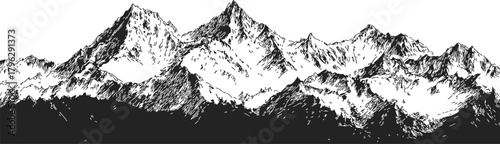 Mountain range sketch hand drawn black and white rugged peaks landscape — stock vector