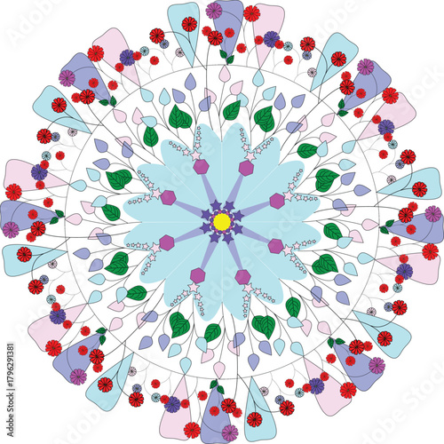 Intricate floral vector mandala pattern with symmetrical botanical elements and vibrant colors