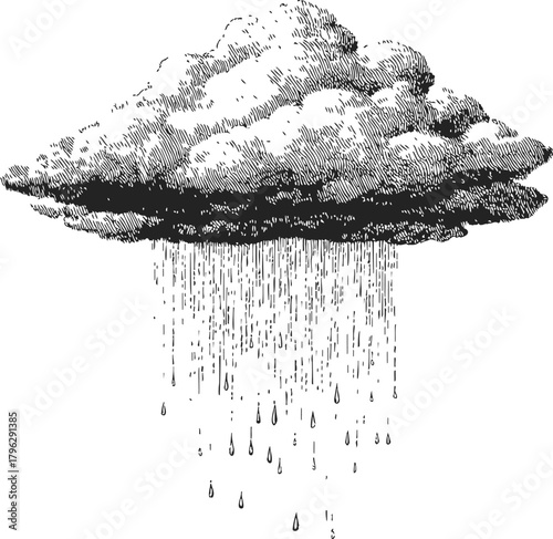 Rain cloud sketch, hand drawn style with detailed shading and falling raindrops — stock vector