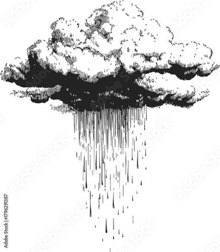 Rain cloud sketch hand drawn style with detailed shading and falling raindrops — stock vector