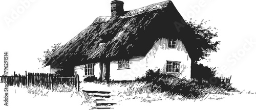 Thatched cottage sketch, hand drawn rural house with chimney and garden — stock vector