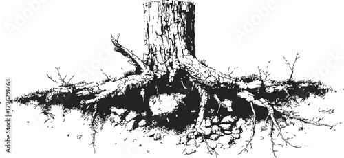 Tree stump with exposed roots sketch, hand drawn style, detailed underground root system — stock vector