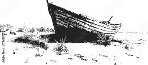Abandoned boat sketch, hand drawn style, stranded on sandy shore with grass — stock vector