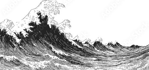 Japanese wave sketch, hand drawn line art of dramatic ocean surf and cresting waves — stock vector