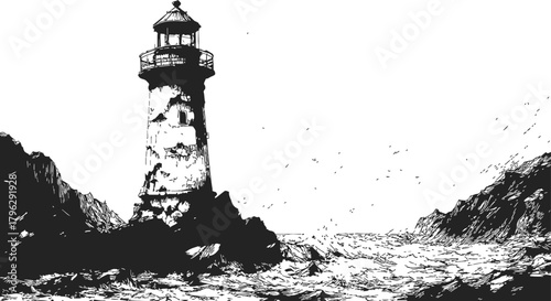 Lighthouse sketch hand drawn on rocky coast with stormy sea — stock vector