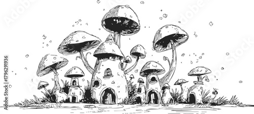 Mushroom houses sketch, hand drawn fantasy village with whimsical architecture — stock vector